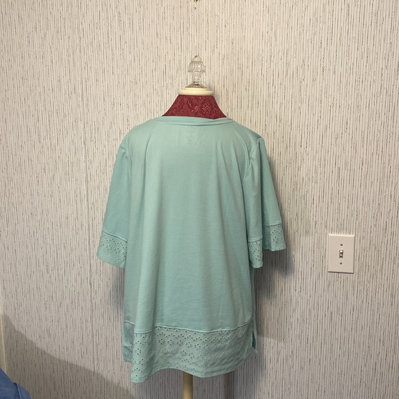 Cuddl Duds Mint Green 1X Size 3/4 quarter Sleeves with Eyelet Design Blouse - Picture 7 of 9
